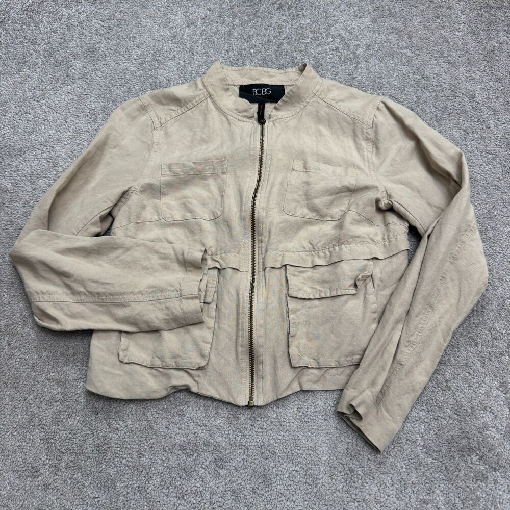 BCBG Paris Utility Linen Blend Full Zip Jacket Women 6 Tan Pocket Casual Outdoor